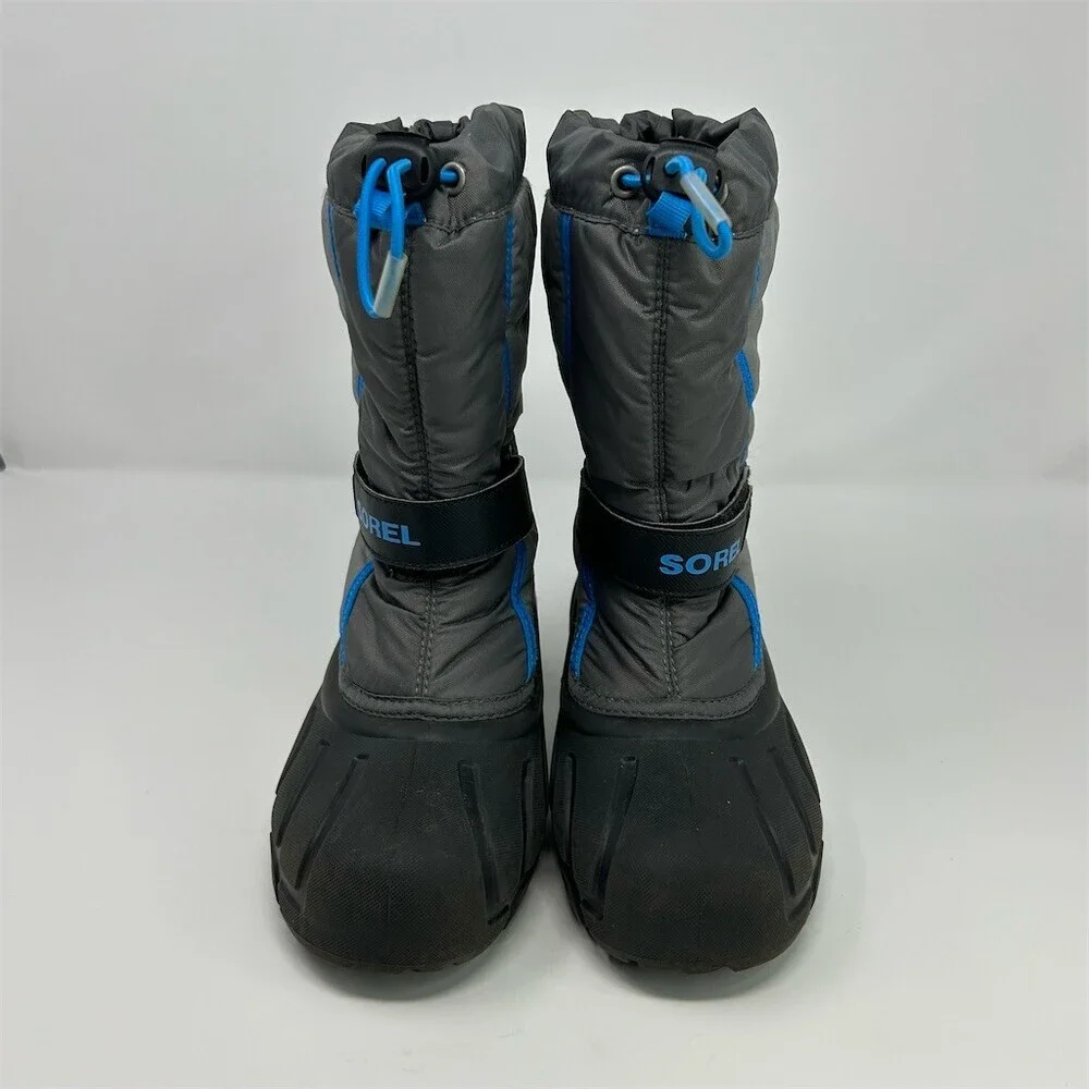 SOREL Flurry Snow Boots Boy Kids Gray Black Blue Waterproof Winter Size 3